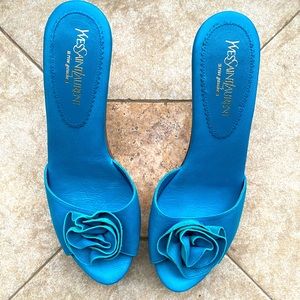 Yves Saint Laurent Nadja Rosette Turquoise Leather and Wood Platform Heels 38
